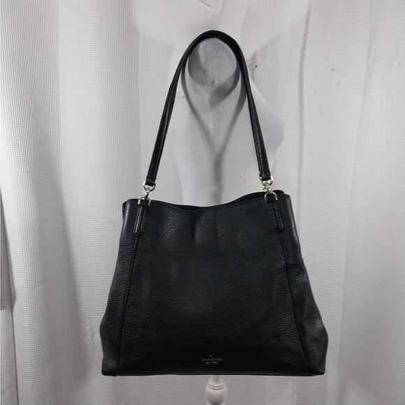 KATE SPADE! BLACK PEBBLED GENUINE LEATHER 3 COMPARTMENT SHOULDER BAG PURSE, BAG! - Picture 2 of 12